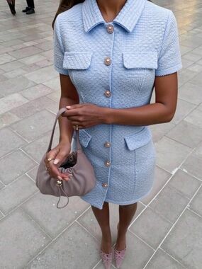 Light Blue Textured Short-Sleeve Button Front Dress